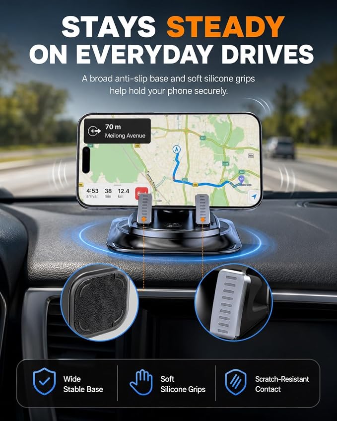 Car Phone Holder 360 Degree Rotation Navigation Mount Splendid Dashboard Windshield Accessories for Women Rotating Soporte De Telefono para Carro Grip Anti-Slip Grips(Mirror Edition) - Image 3