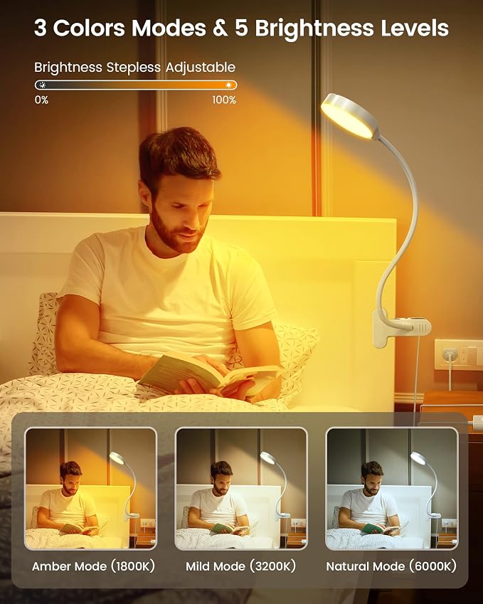 Glocusent 5W Clip on Light, 3 Colors & 5 Brightness Reading Light for Bed | Flexible Gooseneck Clip on Lamp, 30-Min Timer, Reading Lamp, Perfect Desk Lamp for Dorm,Bunk,Bed,Headboard,Table,Work,Craft - Image 3