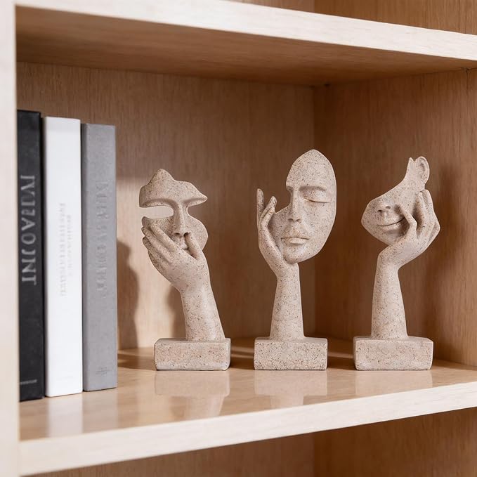 3 Pcs Thinker Statue - Resin Art Abstract Home Accent Figurines for Decor Apartment Bookshelf Floating Shelf Living Room Coffee Table Office Desk Counter Decor (3 Pcs Sandstone, 6") - Image 2