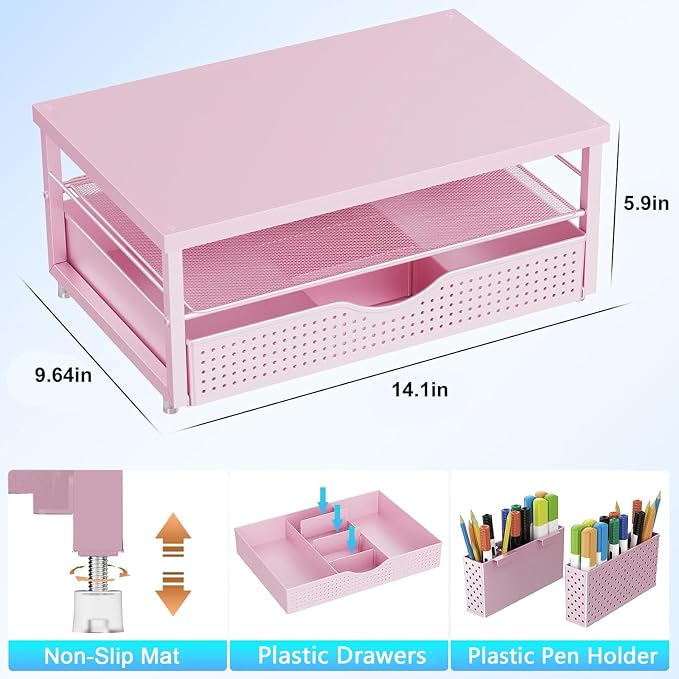 gianotter Desk Organizers and Accessories, Monitor Stand with Drawer and 2 Pen Holder, Desktop Organizer Suitable for Offices and Dormitories (Pink-Plain) - Image 6
