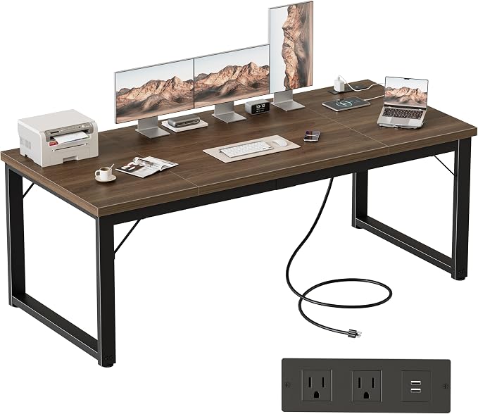 Mericonia 63 Inch Computer Desk with Power Outlets, 1.2" Thick Office Table | Modern Simple Style, Heavy Duty Industrial Frame, Large Study & Writing Table for Home Bedroom Work, Walnut by MERICONIA
