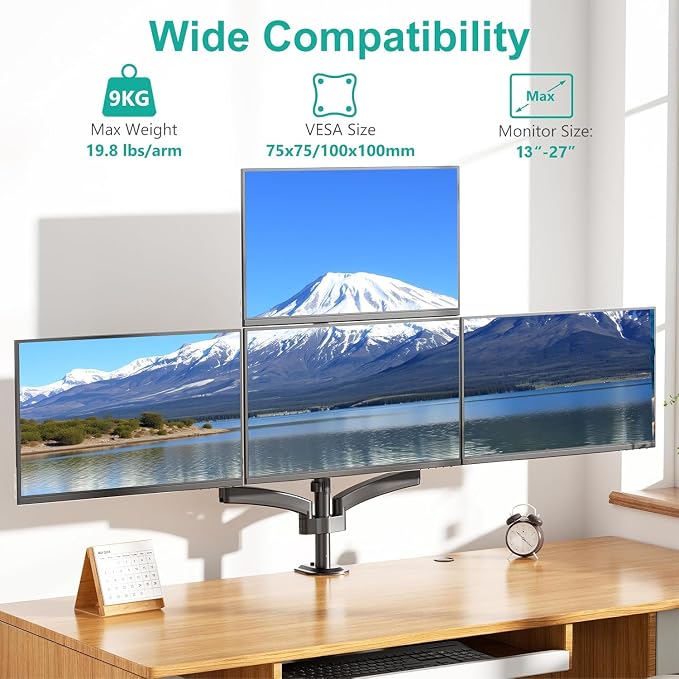 WALI Quad Monitor Mount for 13-27 inch Screens, Extra Tall 4 Monitors Desk Mount, up to 19.8lbs, 32.2 inch Height Max, Fully Adjustable 4 Monitor Arms, VESA 75/100mm (GSDM004S), Black - Image 2