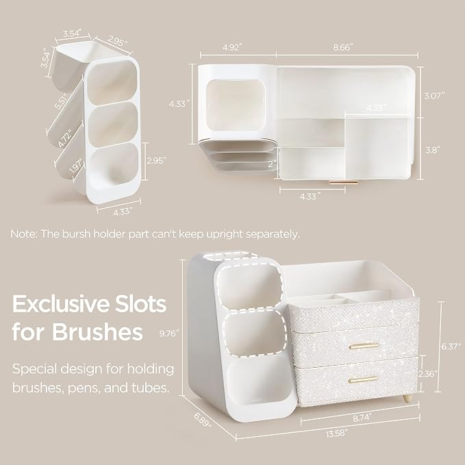 HBlife Makeup Organizer with Brush Holder for Vanity, Large Plastic Bathroom Countertop Organizer Skin Care Storage, Easy to Store Nail Polishes, Perfumes, Eyeshadow Palettes, Pearl All White - Image 3