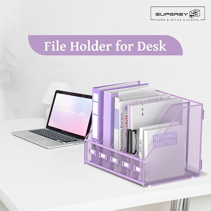 SUPEASY Desk Organizers Metal Desk Magazine File Holder with 5 Vertical Compartments Rack File Organizer for Office Desktop, Classroom, Home Workspace, Purple Plus - Image 7