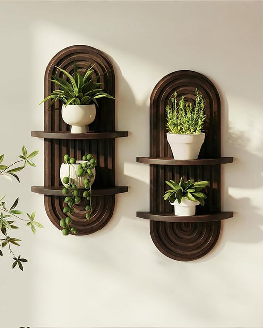 Bamworld Boho Wall Decor 2pcs Plant Wall Shelf, Mid Century Modern Decor Hanging Plant Shelf, 2-Tier Wooden Floating Shelves for Home, Bathroom Bedroom Living Room, Office Planter Decoration Walnut by Bamworld