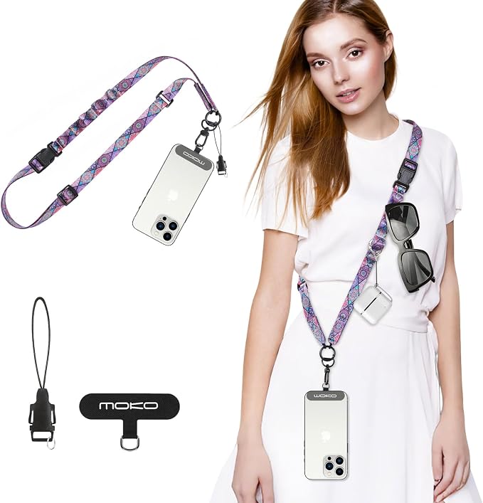 MoKo Boho Universal Phone Lanyard, Nylon Adjustable Cell Phone Crossbody Strap Detachable Women & Men Cellphone Lanyards Around the Neck with Patches for iPhone, Most Smartphones, Boho Colorful by MoKo