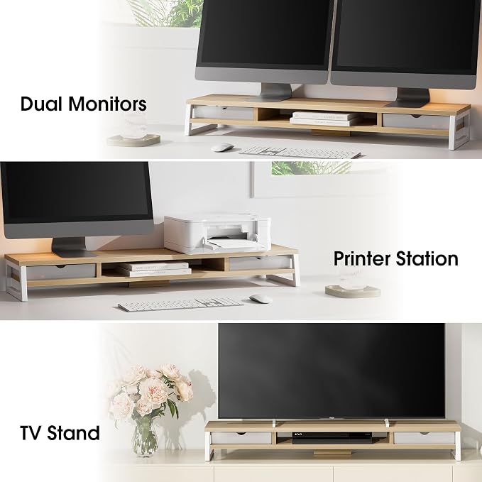 Fenge Dual Monitor Stand, Monitor Riser with Drawer, 42.5 Inch Large Computer Monitor Stand for 2 Monitors, 2 Tier Wooden Desk Shelf for Top of Desk - Image 6