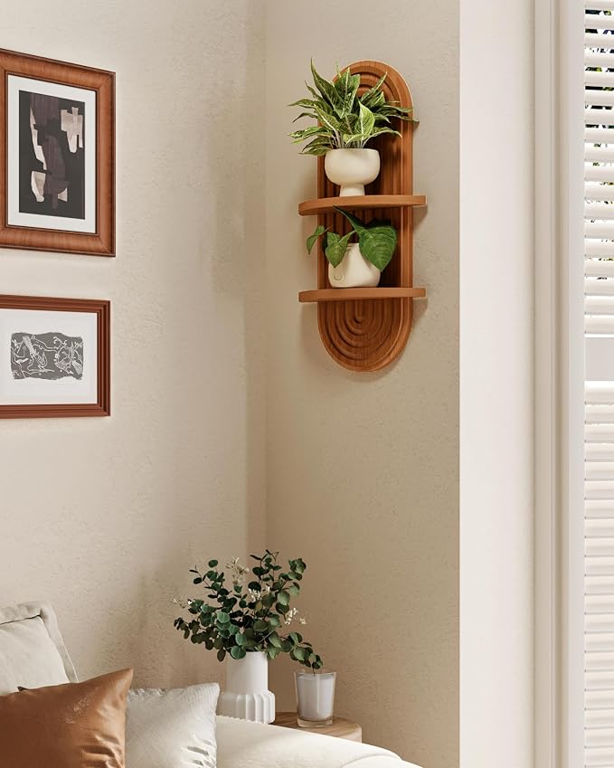 Bamworld Boho Wall Decor Brown Plant Wall Shelf, Mid Century Modern Decor Hanging Plant Shelf, 2-Tier Wooden Floating Shelves for Home, Bathroom Bedroom Living Room, Office Holding Planter Decoration - Image 4
