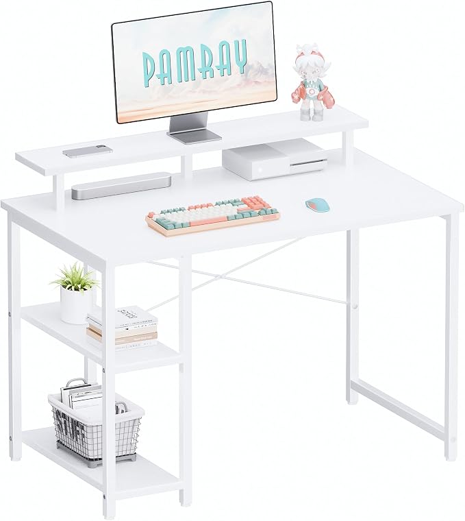 Pamray 33.5 Inch Small Computer Desk with Monitor Stand and Shelves | Sturdy, Space-Saving, Easy Assemblely, Suitable for Bedroom, Office, Apartment and Dorm, Used for Writing and Studying by PAMRAY