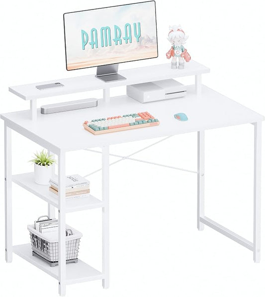 Pamray 33.5 Inch Small Computer Desk with Monitor Stand and Shelves | Sturdy, Space-Saving, Easy Assemblely, Suitable for Bedroom, Office, Apartment and Dorm, Used for Writing and Studying by PAMRAY