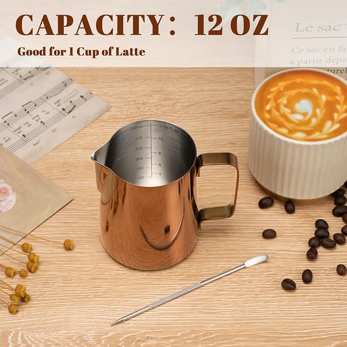 Amrules Milk Frothing Pitcher, 12 oz Milk Frother Cup with Clear Scale, 304 Stainless Steel Cappuccino Espresso Machine Accessories for Barista Coffee Bar with Latte Art Pen, Rose Gold - Image 4