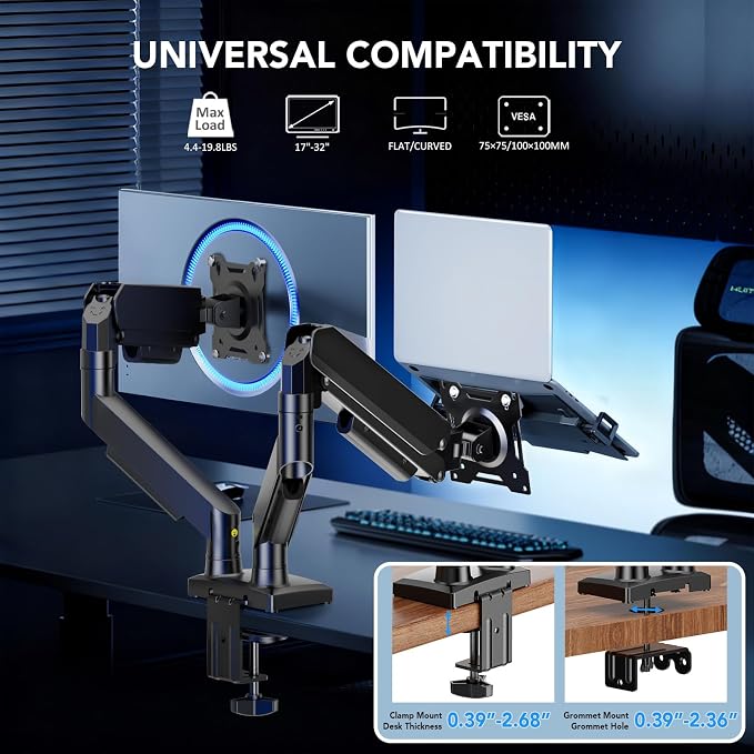Dual Monitor Stand, Adjustable Monitor Desk Mount for 17″–32″ Computer Screens, Full Motion VESA 75x75/100x100 with C-Clamp & Grommet Aluminum Base, Each Arm Holds 4.4 to 20 lbs AX09DB201 - Image 2