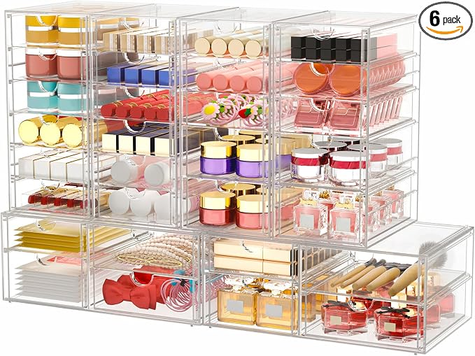 caktraie 6-Pack 30-Drawer Acrylic Storage & Makeup Organizer for Desk | Smooth-glide drawers, clear body, dustproof, for office supplies, pens, stationery, jewelry, cosmetics, craft bits by shoeboxesanddeskorganizers