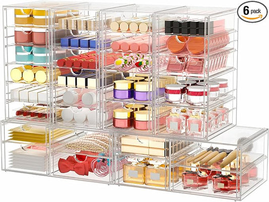 caktraie 6-Pack 30-Drawer Acrylic Storage & Makeup Organizer for Desk | Smooth-glide drawers, clear body, dustproof, for office supplies, pens, stationery, jewelry, cosmetics, craft bits by shoeboxesanddeskorganizers