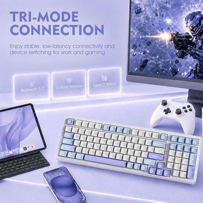 VGN V98ProV3 Gaming Keyboard, Tri-Mode Wireless Custom Mechanical Keyboard | Hot Swappable Gasket Keyboard , Bluetooth 2.4G USB-C, RGB Backlit Computer Keyboards for PC Mac, Pre-lubed Cow Switch, Purple - Image 3