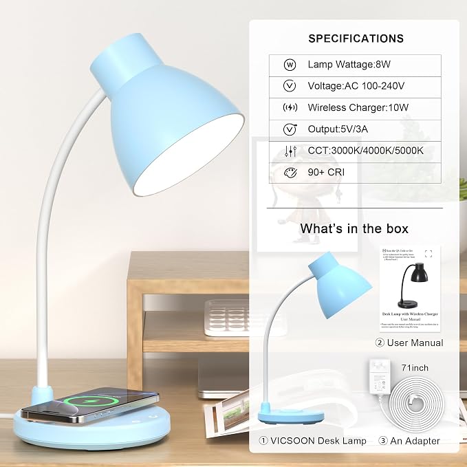LED Desk Lamp for Home Office with Wireless Charger, Blue | 3 Color Modes Dimmable Eye-Caring Study Reading Dorm Desk Lamp, 360° Flexible Arm Table Lamp for College Dorm Room, 800 Lumen - Image 9