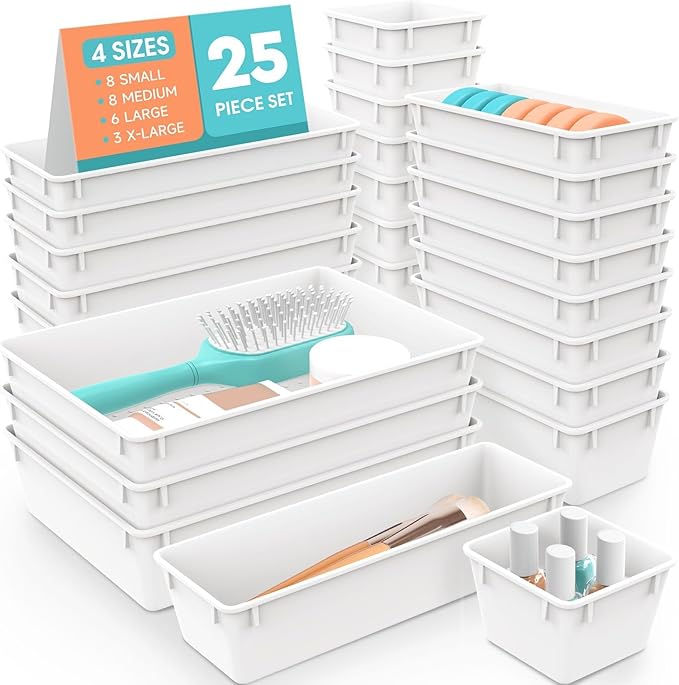 SpaceHacks 25 PCS Plastic Drawer Organizer Set, 4-Size Versatile Organizer Trays & storage Bins for Makeup, Jewelry, and Gadgets in Bathroom, Bedroom and Office, White by SpaceHacks