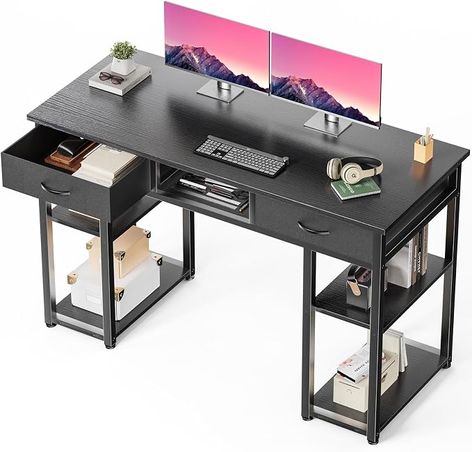 DUMOS 48-Inch Computer Desk with Drawers, Hook and Side Bag, Black | Home Office Desk for Bedroom, Gaming Writing Study Desk with Adjustable Feet by DumosLifestyle