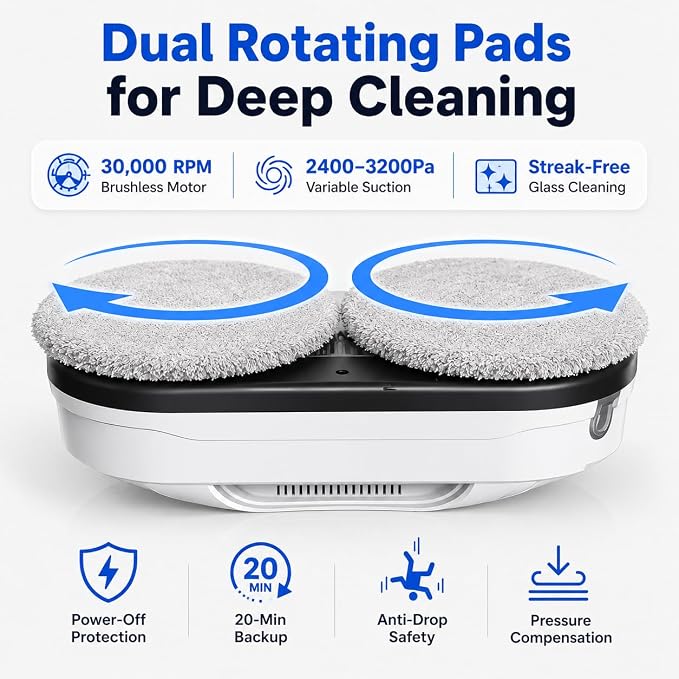 Robotic Window Cleaner with 3-Layer Safety, Smart Z/N Path Navigation, 2800Pa Strong Suction & UPS Anti-Drop, Perfect for High-Rise Windows, Glass Doors, Shower Glass, Gift for Parents - Image 5