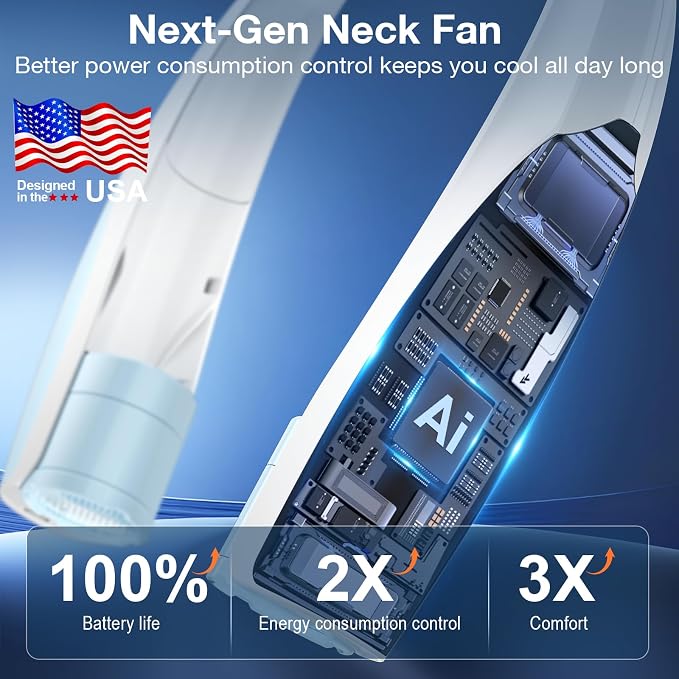 Portable Neck Fan, 6 Speeds Rechargeable Personal Fan with AI Chips, Hands-Free 360° Faster Cooling Wearable Fan, Ultra Quiet for Home, Office, Travel, Indoor, Outdoor - Sky Blue - Image 3
