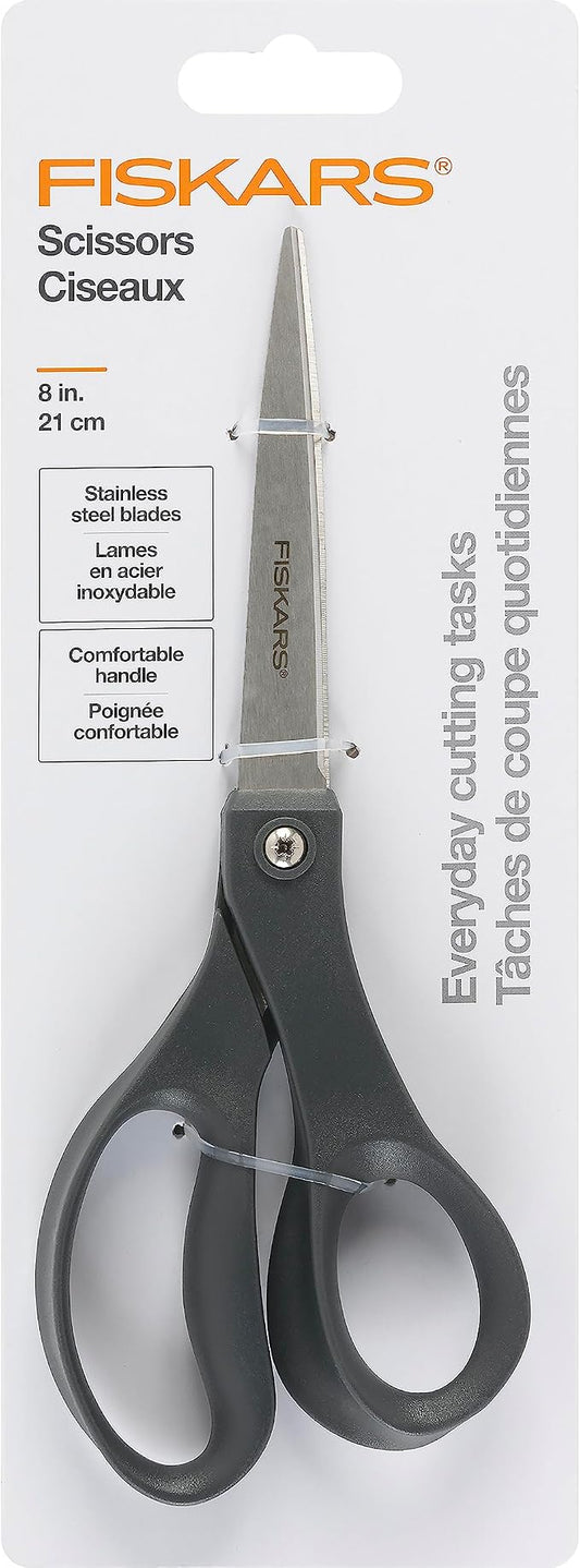 Fiskars 8" Everyday Stainless Steel All Purpose Scissors, Grey | Home & Office Scissors for Paper, Cardboard & Photos, Durable Stainless Steel Blades, Ergonomic Handles for Daily Tasks by Fiskars