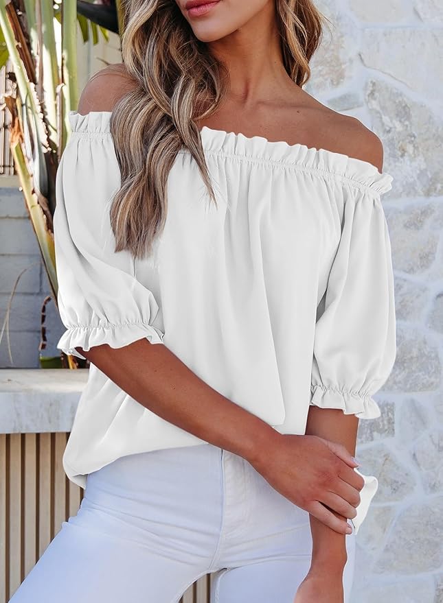 EVALESS Womens Tops Off The Shoulder Blouses for Women Dressy Casual Cute Puff Sleeve T Shirts Fashion 2026 - Image 3