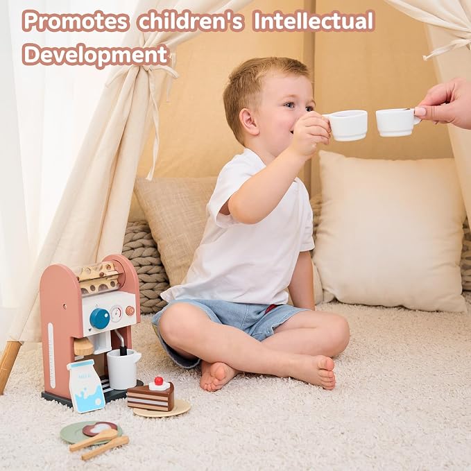 GAGAKU Wooden Coffee Maker Toy 14 pcs Play Kitchen Accessories Toy Coffee Maker for Kids Pretend Playset Toddler Coffee Maker Gifts for Boys and Girls - Image 6