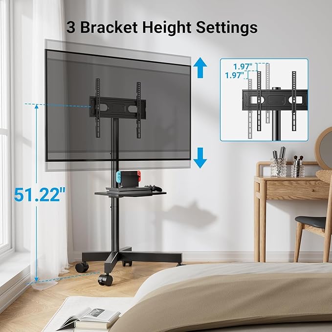 PERLESMITH Rolling TV Stand, Mobile TV Stand for 23-60 Inch LCD LED TVs, Tilt TV Stand Wheels Holds up to 88Lbs, Portable TV Stand for Bedroom with Shelf, Outdoor TV Stand Max VESA 400x400mm PSTVMC06 - Image 4