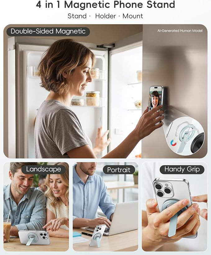 Double-Sided Magnetic Phone Stand Grip, Strong Magnetic Kickstand Desk Holder for Mag&Safe and Smartphone, Foldable Adjustable Design, Blue - Image 3