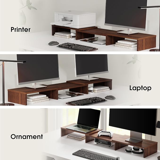 FITUEYES Dual Monitor Stand Riser, Adjustable Length and Angle, Brown | Wooden 3-Shelf Design, Supports up to 55lbs, Flexible for Standard Corner Space, Holds Monitor, Laptop, Phone, Printer - Image 8
