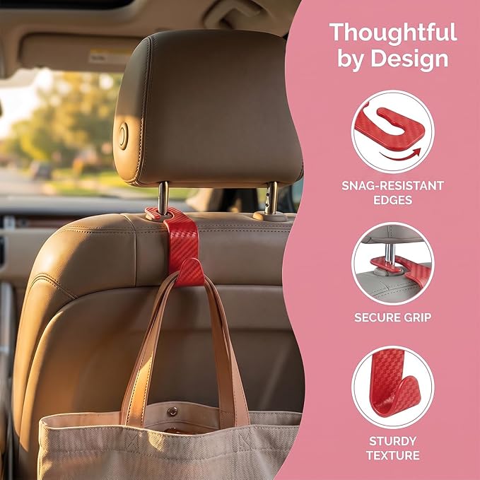 4PCS Car Seat Headrest Hooks, Auto Back Seat Hanger Holder, Durable Stylish Vehicle Organizer Universal Car Interior Accessories, Storage Hooks for Purses, Bags, Clothes (Carbon Fiber/Red) - Image 3
