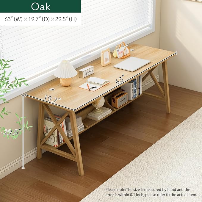 NELYE Extra Long Writing Desk with Bookshelf, 63" Wx20 Dx30 H, Oak | Wooden Home Office Work Study Table, Computer Gaming Workstation with Storage Shelf, Sturdy MDF Resists Wobble - Image 5
