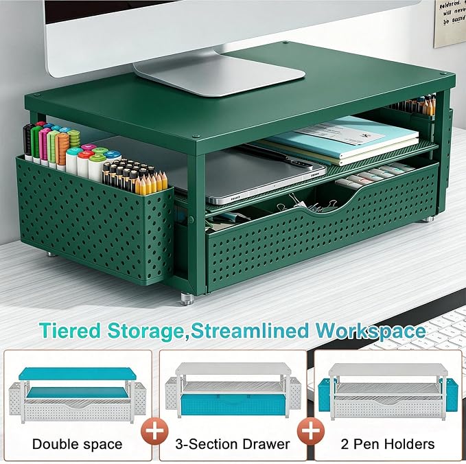 gianotter Desk Organizers and Accessories, Monitor Stand with Drawer and 2 Pen Holder, Desktop Organizer Suitable for Offices and Dormitories (Green-Plain) - Image 4