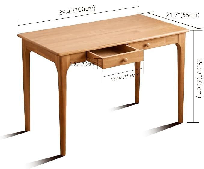 40" Solid Wood Desk with Drawers,Mid Century Modern Natural Real Wood Writing Desk,Home Bedroom Computer Office Workstation Desks,Small Spaces,Wood Color - Image 2