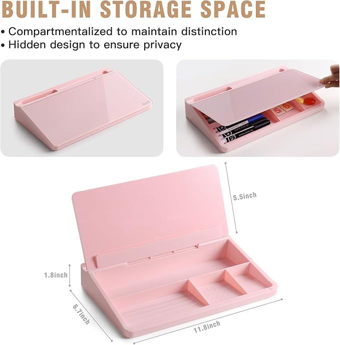 SELEAD Desktop Glass Whiteboard with Storage, Small Dry Erase White Board Computer Pad Keyboard Stand for Home, School, Office Desk Accessories - Pink - Image 4