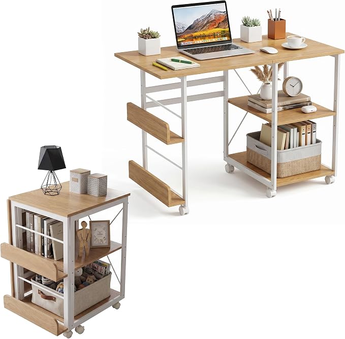 Garvee Folding Desk with Wheels, 31.5" Foldable Computer Desk with Storage Shelf, Space Saving Rolling Home Office Desk for Small Spaces, Portable Writing Table with Side Organizer, Oak by Garvee
