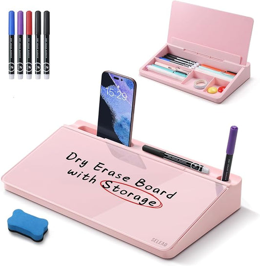SELEAD Desktop Glass Whiteboard with Storage, Small Dry Erase White Board Computer Pad Keyboard Stand for Home, School, Office Desk Accessories - Pink by SELEAD