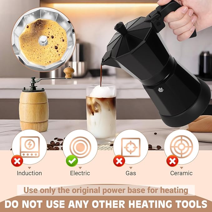 Electric Moka Pot, 3 or 6 Cup Espresso Coffee Maker, Black | Food-grade aluminum, dose reduction plate, boil-dry protection, auto-stop, detachable base, for Cuban and Italian coffee - Image 4