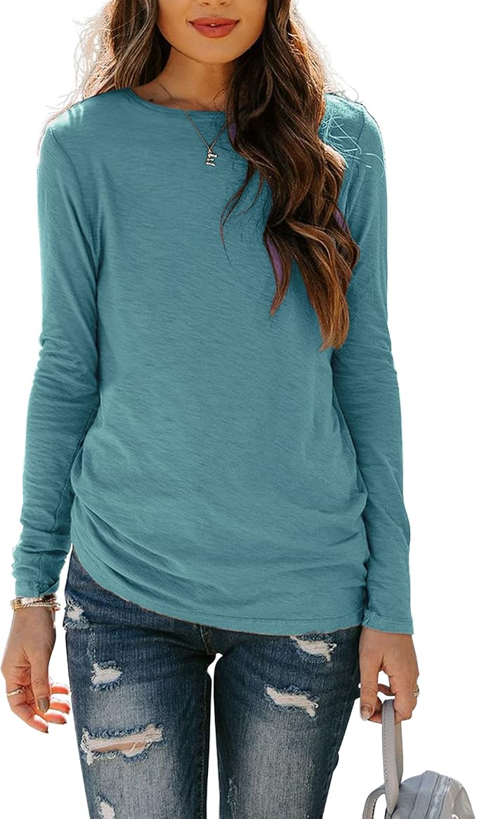 Sherosa Womens T Shirts Long Sleeve Crew Neck Shirts Basic Tee Tops Blouse - Image 2