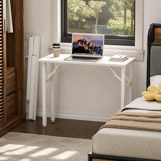 Folding Table Computer Desk - 35.8" No Assembly Folding Desk Design and Foldable Office Desk, Small Desk for Bedroom, Compact Storage Portable Use for Dorm and RV Small Space, White Ash - Image 2