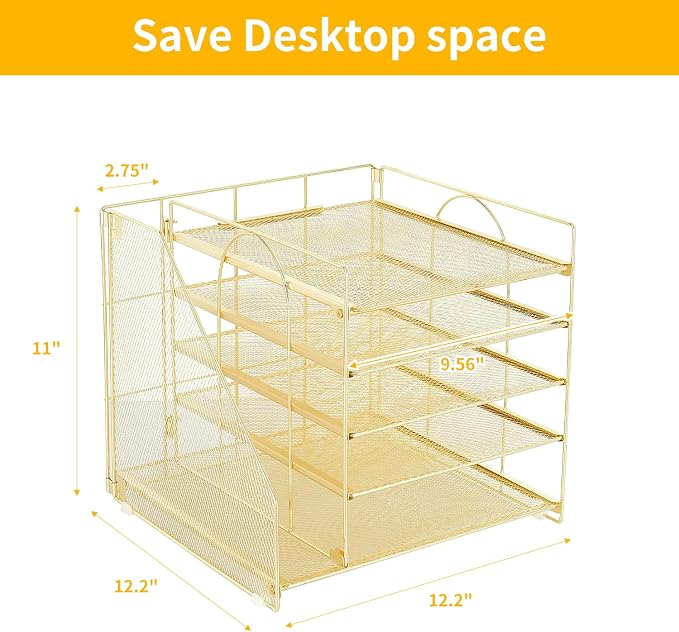 LEKETREE Desk Organizers and Accessories, 5-Tier Paper Letter Tray Organizer with File Holder, Desktop Organizer for Office Supplies (Gold) - Image 4