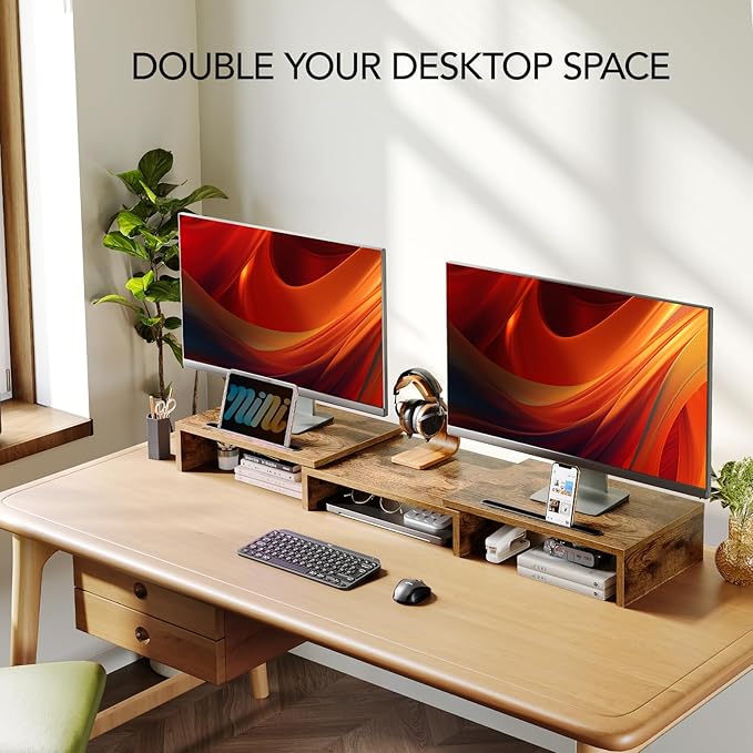 AMERIERGO Dual Monitor Stand Riser- 3 Shelf Screen Stand with Adjustable Length and Angle, 2 Extra Functional Slot Desktop Organizer Stand for PC, Computer, Laptop (Rustic Brown) - Image 3