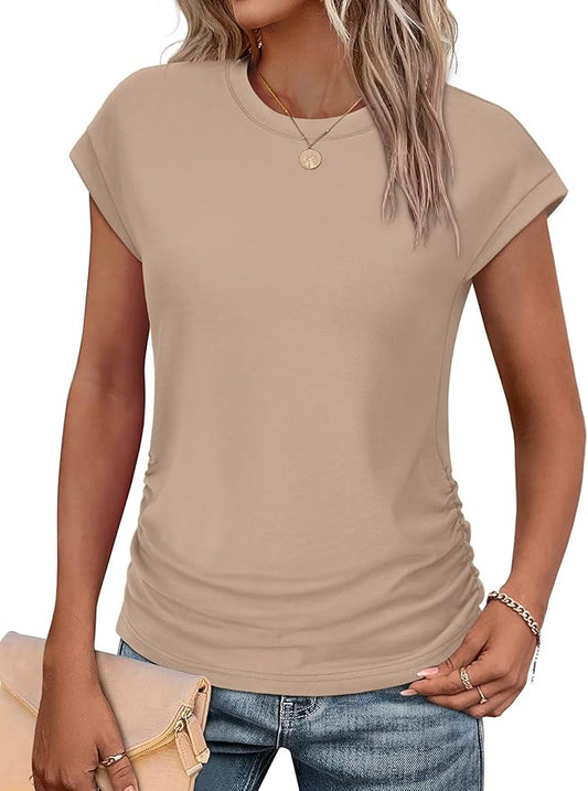 Sampeel Womens Summer Tops Trendy 2026 Ruched Cap Short Sleeve Tshirts Shirts Crew Neck T Shirts Fashion by SAMPEEL