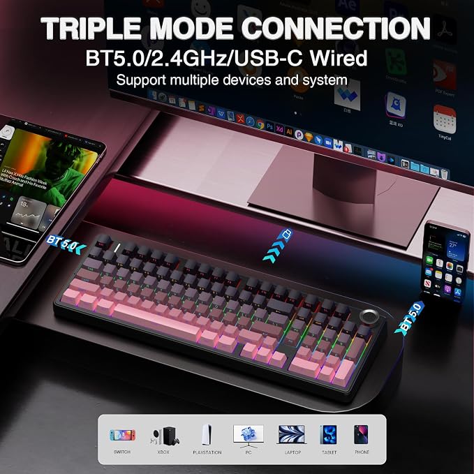 AULA F99 Pro Wireless Mechanical Keyboard with Knob,Tri-Mode BT5.0/USB-C/2.4GHz Hot Swappable Keyboard,Gasket Structure,Creamy Sound,RGB Backlit Computer Gaming Keyboards - Image 3