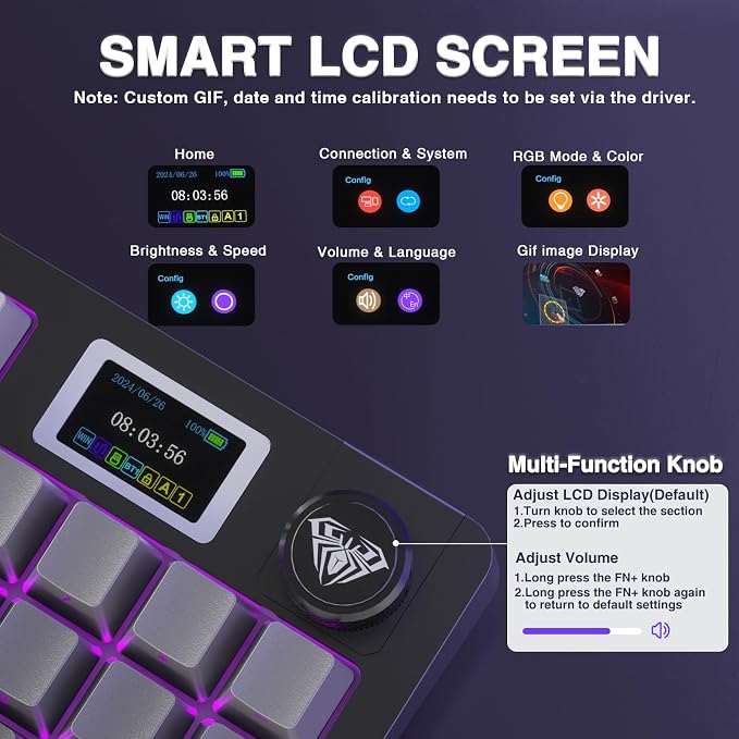 AULA S98 Pro Wireless Mechanical Keyboard with Screen & Knob,2.4GHz/USB-C/BT5.0 Hot Swappable Creamy Keyboard,Pre-lubed Linear Switches,Side Printed PBT Keycaps,RGB Backlit Gaming Keyboards - Image 3