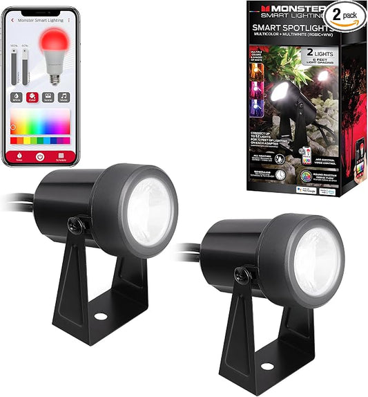 Monster Smart Outdoor RGB+IC+WW Spotlights 2 Pack, Dimmable LEDs, Sound Reactive, IP44 Water & Weather Resistant, Compatible with Alexa, Siri, Google Home, Monster App, Razer Chroma, Voice Controlled by Monster