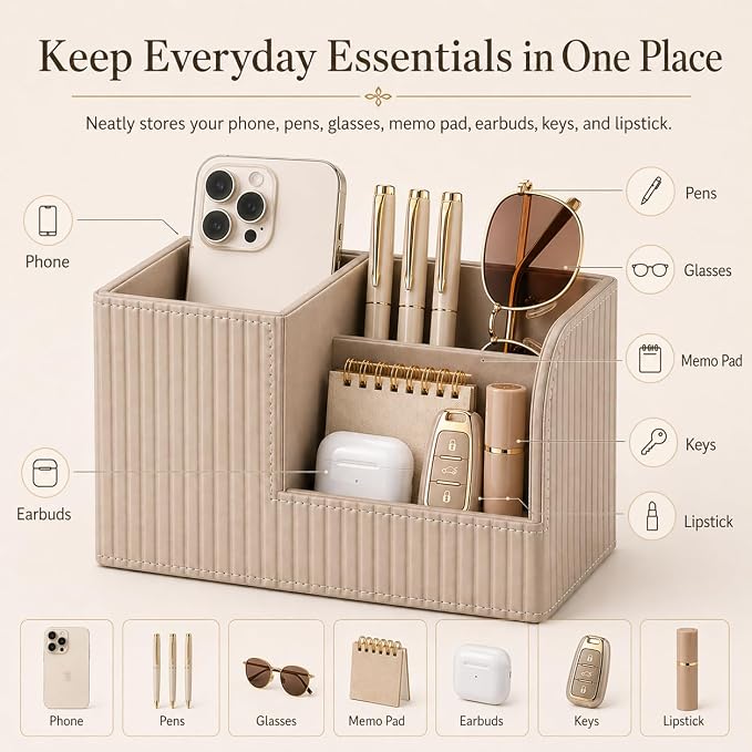KINGFOM Desk Pen Organizer Office Supplies Caddy Pu Leather Multi-function Storage Box Pen/Pencil,Cell phone, Business Name Cards Remote Control Holder (Mocha Beige) - Image 5
