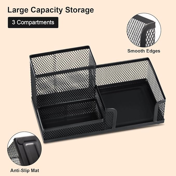 Comix Mesh Pen Holder, Desk Organizer for Home Office, Black | 3 Compartment Pencil Holder, Sticky Notes Holder, Pen Organizer Office Supplies - Image 3