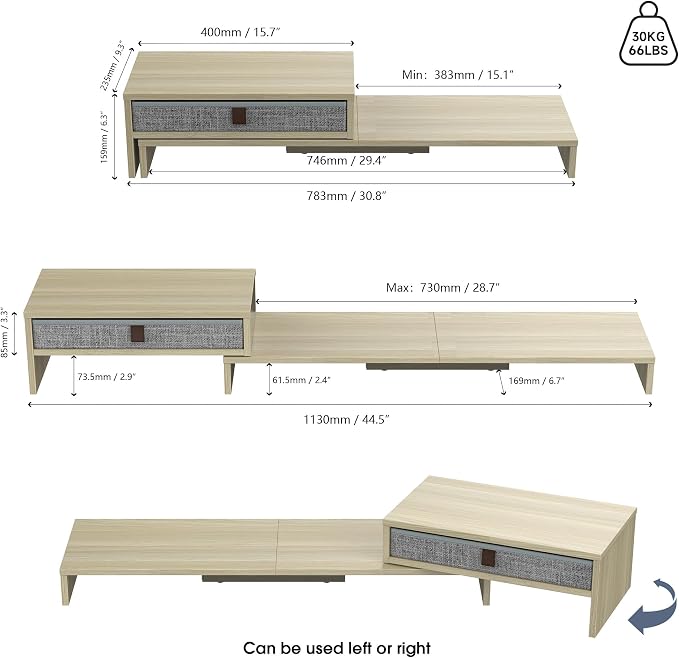Fenge Computer Monitor Riser Stand with Drawer for 2 or 3 Monitors ,Adjustable Length and Angle Desktop Laptop Stand,Office Organizer,Printer,Oak - Image 5