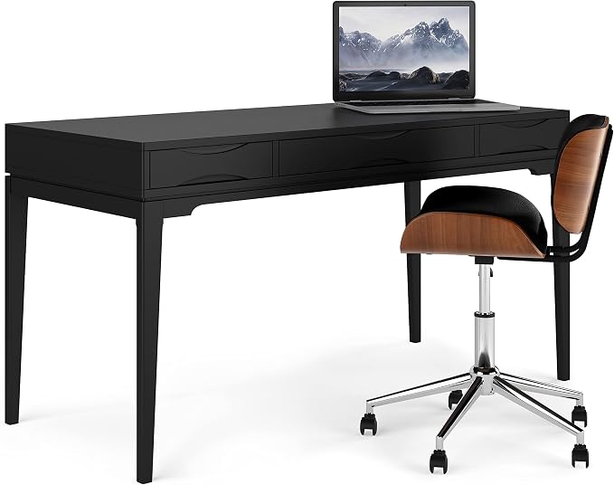 SIMPLIHOME Harper Desk - 60 Inch Wide Solid Wood Writing Desk in Black, Mid-Century Modern Home Office Computer Table for Workspace or Study with 2 Drawers and Flip-Down Keyboard Tray - Image 5